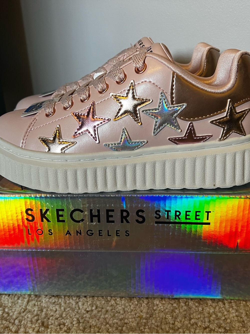 Skechers Pink Platform Sneakers with Holographic Star Accents